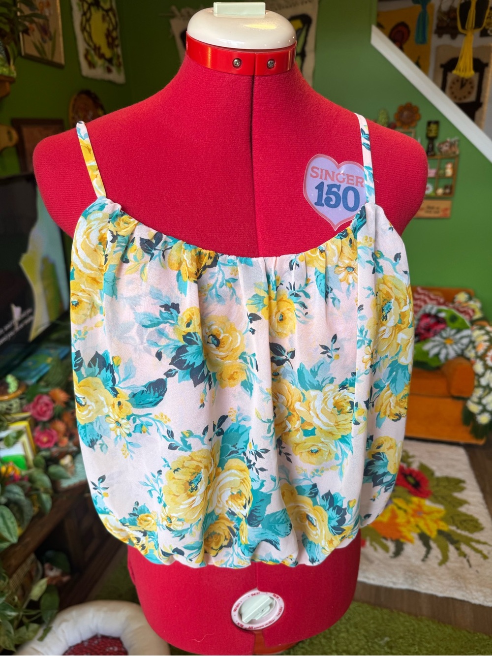 Yellow & Teal Floral Spaghetti Strap Crop Top